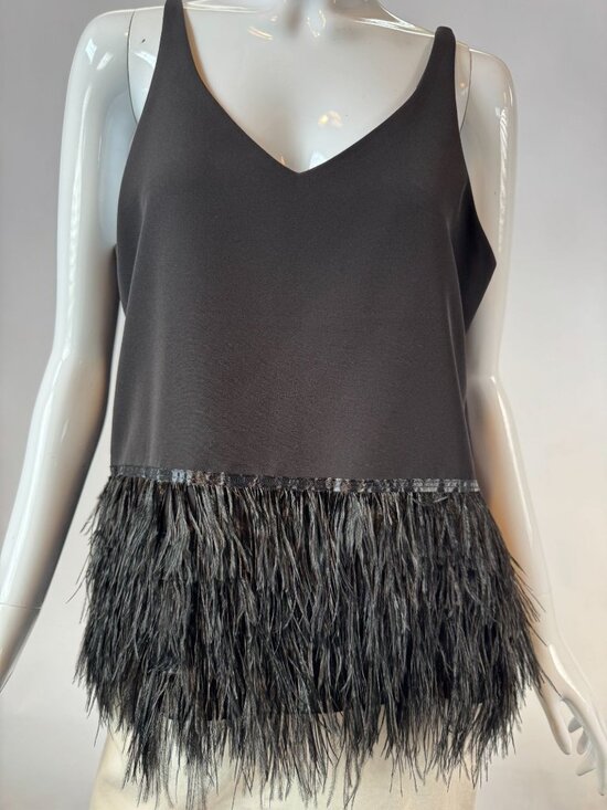 Romeo + Juliet Couture Black Feather Fringe V-Neck Tank Top L - Picture 1 of 16